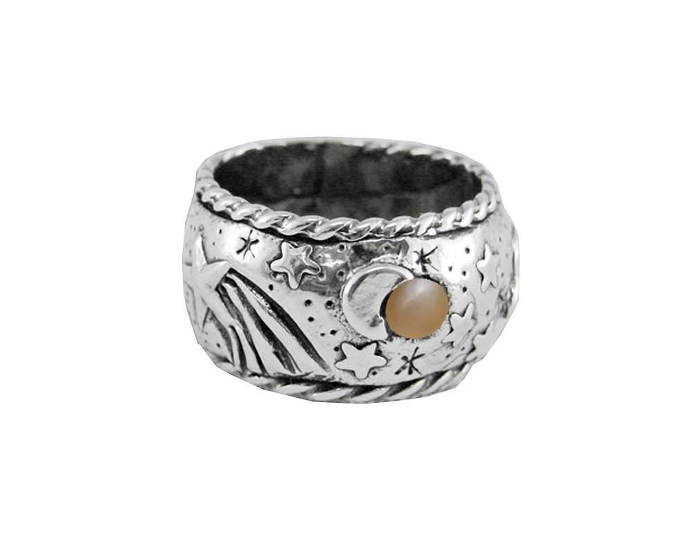 Sterling Silver Memories of a Starry Night Ring With Peach Moonstone and Size 9